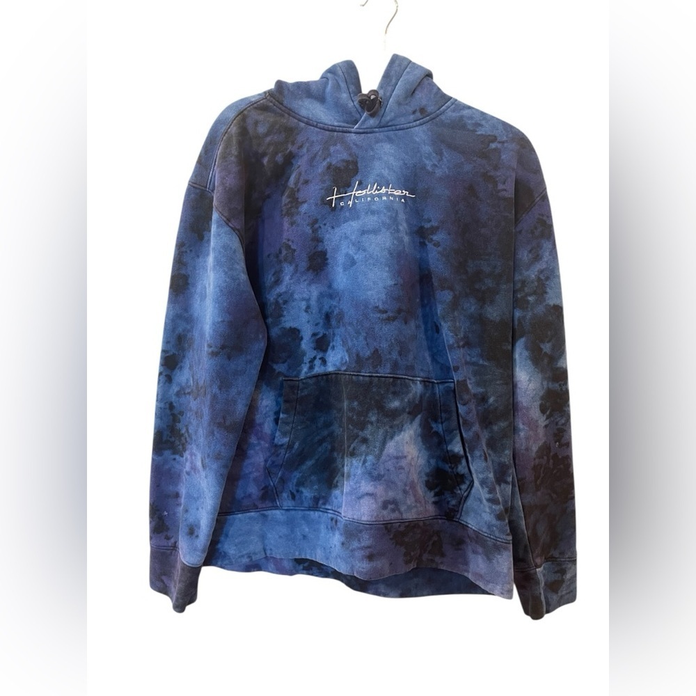 Hollister Men's Blue and Black Tie Dye California Sweatshirt Hoodie Size: Large